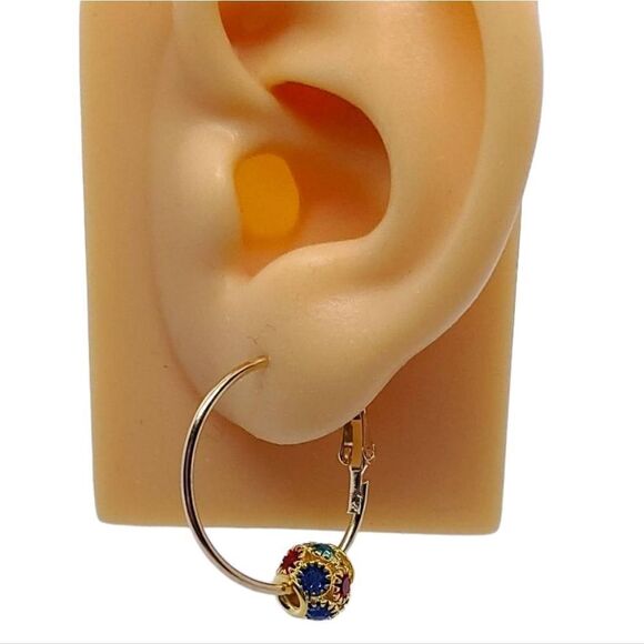 Cute Gold Rhinestone Hoop Earrings Round Shaped Pierced Jewelry Colorful NWT - Picture 7 of 10